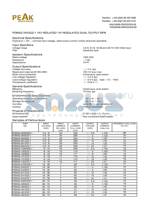 PD6NG-0512Z21 datasheet - PD6NG-XXXXZ2:1 1KV ISOLATED 1W REGULATED DUAL OUTPUT SIP8