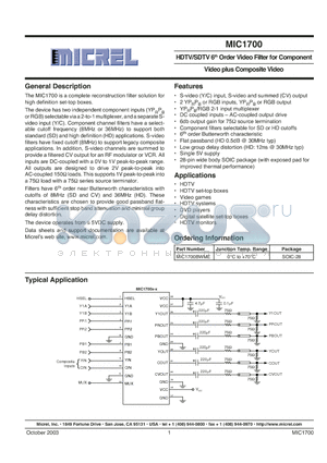 MIC1700 datasheet - HDTV/SDTV 6th Order Video Filter for Component Video plus Composite Video