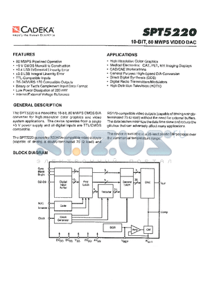 SPT5220SCN datasheet - 10-BIT, 80 MWPS VIDEO DAC