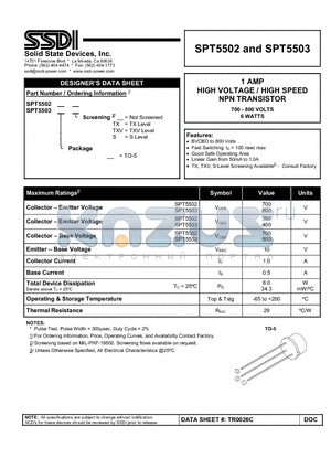 SPT5502_1 datasheet - HIGH VOLTAGE / HIGH SPEED NPN TRANSISTOR