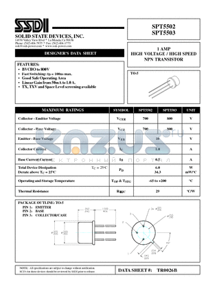 SPT5503 datasheet - 1 AMP HIGH VOLTAGE / HIGH SPEED NPN TRANSISTOR