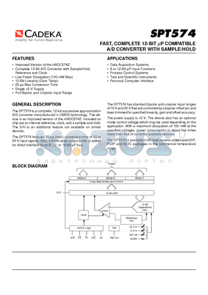 SPT574 datasheet - FAST, COMPLETE 12-BIT mP COMPATIBLE A/D CONVERTER WITH SAMPLE/HOLD