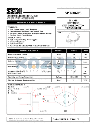 SPT6060/3 datasheet - 20 AMP 350 VOLTS NPN DARLINGTON TRANSISTOR