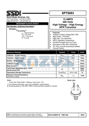 SPT6693 datasheet - High Voltage  High Energy NPN Transistor