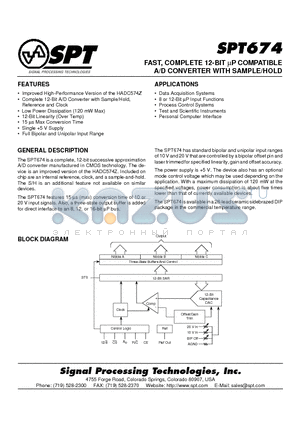 SPT674 datasheet - FAST, COMPLETE 12-BIT uP COMPATIBLE A/D CONVERTER WITH SAMPLE/HOLD