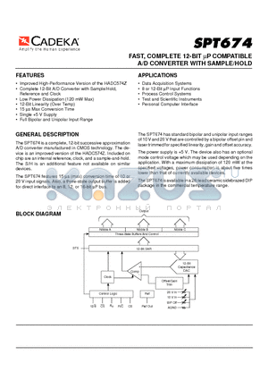 SPT674 datasheet - FAST, COMPLETE 12-BIT mP COMPATIBLE A/D CONVERTER WITH SAMPLE/HOLD