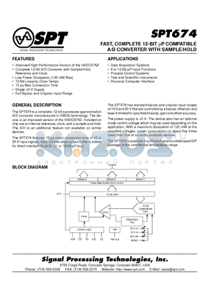 SPT674BCJ datasheet - FAST, COMPLETE 12-BIT uP COMPATIBLE A/D CONVERTER WITH SAMPLE/HOLD