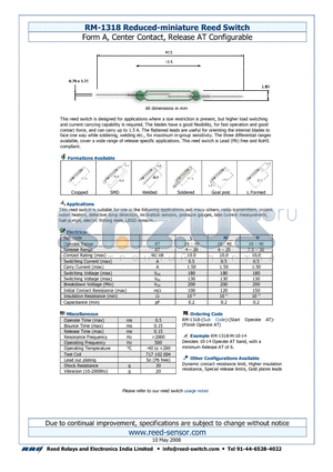 RM-1318-H datasheet - Reduced-miniature Reed Switch