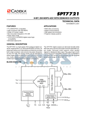 SPT7721 datasheet - 8-BIT, 250 MSPS ADC WITH DEMUXED OUTPUTS