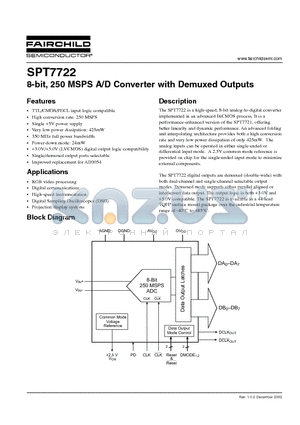 SPT7722 datasheet - 8-bit, 250 MSPS A/D Converter with Demuxed Outputs