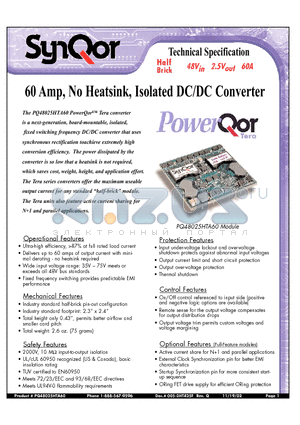 PQ48025HTA60PNF datasheet - 60 Amp, No Heatsink, Isolated DC/DC Converter