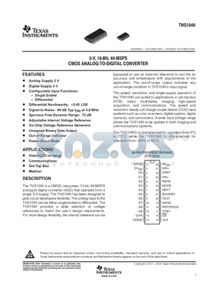 THS1040CPWR datasheet - 3-V, 10-BIT , 40-MSPS CMOS ANALOG TO DIGITAL CONVERTER