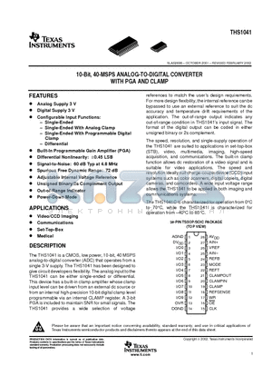 THS1041IDW datasheet - 10-Bit, 40-MSPS ANALOG-TO-DIGITAL CONVERTER WITH PGA AND CLAMP