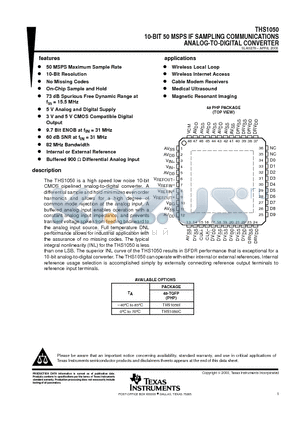 THS1050 datasheet - 10-BIT 50 MSPS IF SAMPLING COMMUNICATIONS ANALOG-TO-DIGITAL CONVERTER