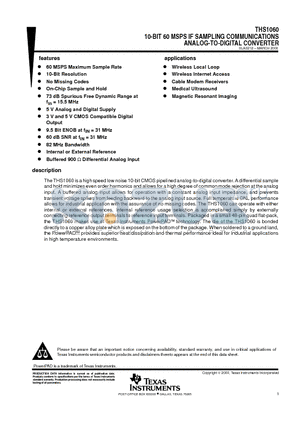 THS1060C datasheet - 10-BIT 60 MSPS IF SAMPLING COMMUNICATIONS ANALOG-TO-DIGITAL CONVERTER