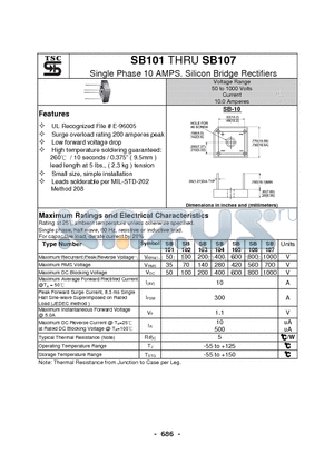 SB101 datasheet - Single Phase 10 AMPS. Silicon Bridge Rectifiers