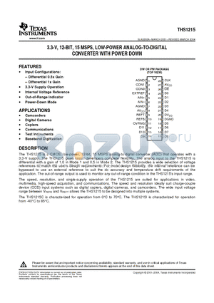 THS1215 datasheet - 3.3-V, 12-BIT, 15 MSPS, LOW-POWER ANALOG-TO-DIGITAL CONVERTER WITH POWER DOWN