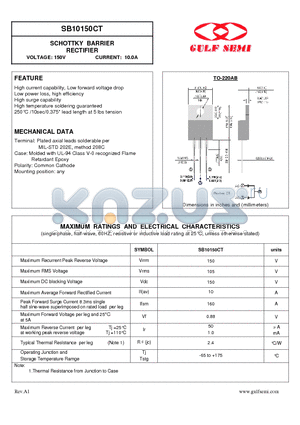 SB10150CT datasheet - SCHOTTKY BARRIER RECTIFIER VOLTAGE: 150V CURRENT: 10.0A