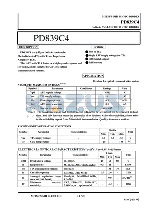 PD839C4 datasheet - InGaAs AVALANCHE PHOTO DIODES