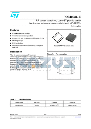 PD84008L-E datasheet - RF power transistor, LdmoST plastic family N-channel enhancement-mode lateral MOSFETs
