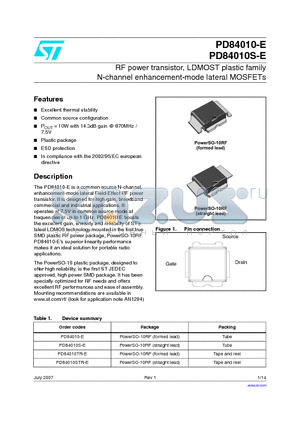 PD84010STR-E datasheet - RF power transistor, LDMOST plastic family N-channel enhancement-mode lateral MOSFETs