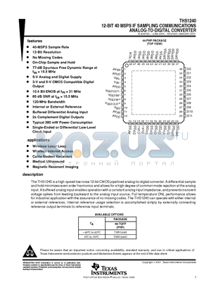 THS1240 datasheet - 12-BIT 40 MSPS IF SAMPLING COMMUNICATIONS ANALOG-TO-DIGITAL CONVERTER