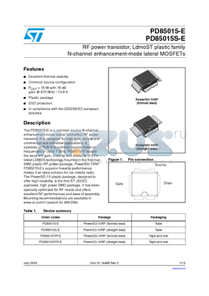 PD85015TR-E datasheet - RF power transistor, LdmoST plastic family N-channel enhancement-mode lateral MOSFETs