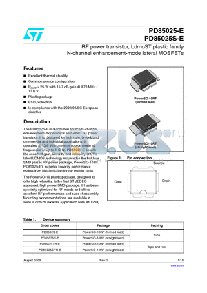 PD85025-E datasheet - RF power transistor, LdmoST plastic family N-channel enhancement-mode lateral MOSFETs