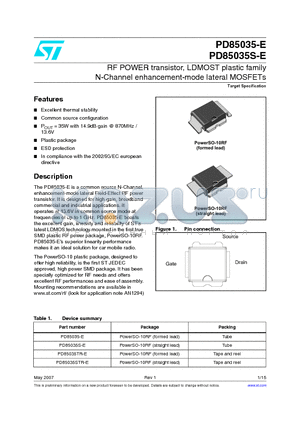 PD85035-E datasheet - RF POWER transistor, LDMOST plastic family N-Channel enhancement-mode lateral MOSFETs
