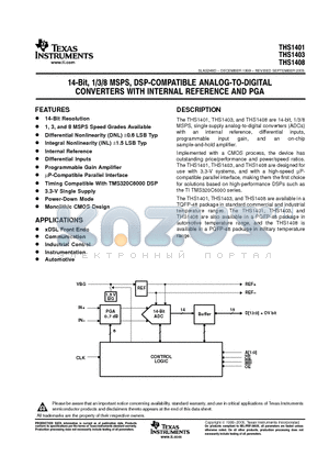 THS1401IPFBG4 datasheet - 14-Bit, 1/3/8 MSPS, DSP-COMPATIBLE ANALOG-TO-DIGITAL CONVERTERS WITH INTERNAL REFERENCE AND PGA