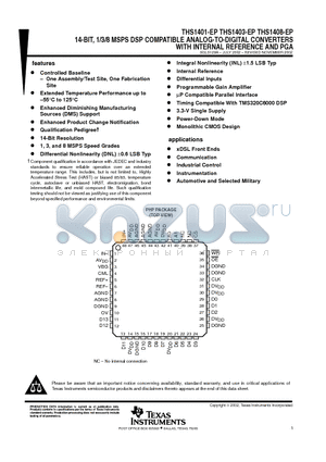 THS1401-EP datasheet - 14-BIT, 1/3/8 MSPS DSP COMPATIBLE ANALOG-TO-DIGITAL CONVERTERS WITH INTERNAL REFERENCE AND PGA