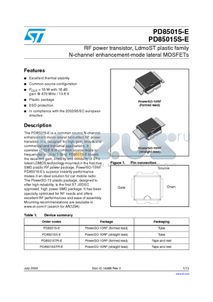 PD85015-E datasheet - RF power transistor, LdmoST plastic family N-channel enhancement-mode lateral MOSFETs