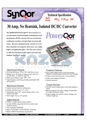 PQ48053HTA30NRS datasheet - 30 Amp, No Heatsink, Isolated DC/DC Converter