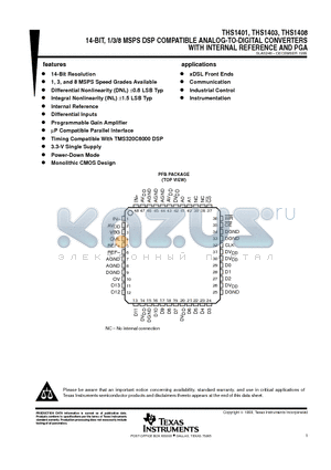 THS1403 datasheet - 14-BIT, 1/3/8 MSPS DSP COMPATIBLE ANALOG-TO-DIGITAL CONVERTERS WITH INTERNAL REFERENCE AND PGA