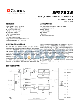 SPT7835 datasheet - 10-BIT, 5 MSPS, 75 mW A/D CONVERTER