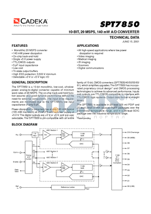 SPT7850 datasheet - 10-BIT, 20 MSPS, 140 mW A/D CONVERTER