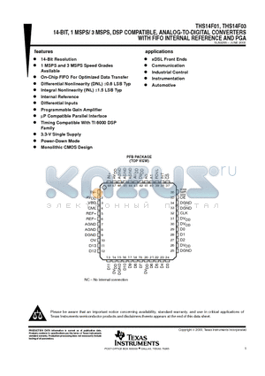 THS14F01 datasheet - 14-BIT, 1 MSPS/ 3 MSPS, DSP COMPATIBLE, ANALOG-TO-DIGITAL CONVERTERS WITH FIFO INTERNAL REFERENCE AND PGA