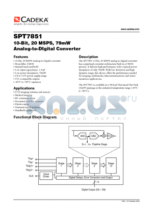 SPT7851SIT datasheet - 10-Bit, 20 MSPS, 79mW Analog-to-DIgital Converter