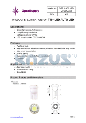 OST10AB01GD-OSW543S4C1A datasheet - PRODUCT SPECIFICATION FOR T10 1LED AUTO LED