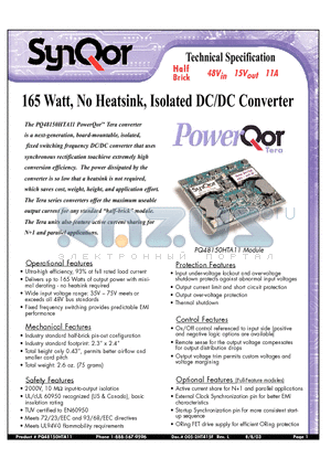 PQ48150HTA11 datasheet - 165 Watt, No Heatsink, Isolated DC/DC Converter