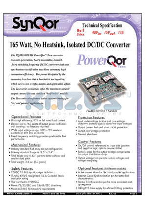 PQ48150HTA11PYF datasheet - 165 Watt, No Heatsink, Isolated DC/DC Converter