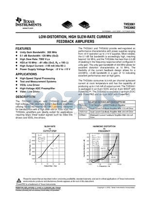 THS3061 datasheet - LOW DISTORTION HIGH SLEW RATE CURRENT FREEBACK AMPLIFIERS