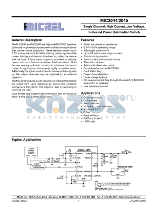 MIC204 datasheet - SINGLE CHANNEL HIGH CURRENT LOW VOLTAGE, PROTECTED POWER DISTRIBUTION SWITCH
