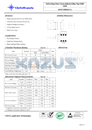 OSTCMBS4C1A datasheet - 5x5x1.5mm Pure Green &Red & Blue Top SMD LED