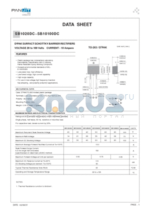 SB1030DC datasheet - D2PAK SURFACT SCHOTTKY BARRIER RECTIFIERS(VOLTAGE 20 to 100 Volts CURRENT - 10 Ampere)