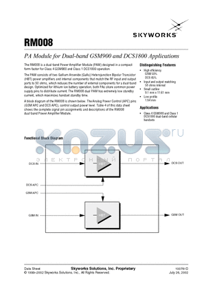 RM008 datasheet - PA Module for Dual-band GSM900 and DCS1800 Applications
