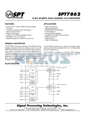 SPT7862SIT datasheet - 10-BIT, 40 MSPS, DUAL-CHANNEL A/D CONVERTER