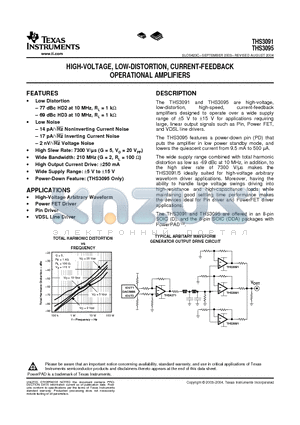 THS3091D datasheet - HIGH-VOLTAGE, LOW-DISTORTION, CURRENT-FEEDBACK OPERATIONAL AMPLIFIERS