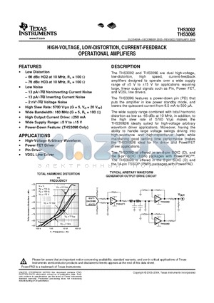 THS3092D datasheet - HIGH-VOLTAGE, LOW-DISTORTION, CURRENT-FEEDBACK OPERATIONAL AMPLIFIERS