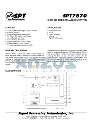 SPT7870SIQ datasheet - 10-BIT, 100 MSPS ECL A/D CONVERTER